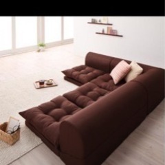 フロアコーナーソファー 3点 クッション付 布張り ブラウンの画像