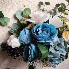 ①ブーケ ブートニアセット 造花 青系の画像