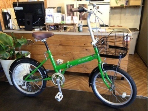 取引き中【後輪タイヤ・後輪チューブ新品！】6段変速　カゴ付き20インチ折りたたみ自転車　グリーン