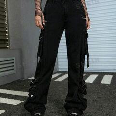ROMWE Grunge Punk 無地柄 バックルテープ カーゴジーンズの画像