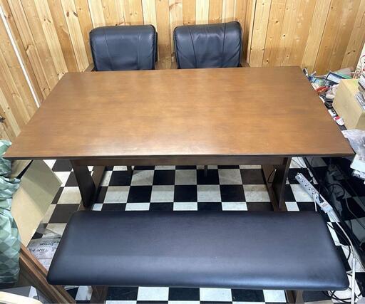 【配送込み】大川家具　ダイニング4点セット　4人掛け　1400×800×700　テーブル×1　ベンチ×1　回転チェア×2