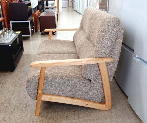 2人掛けソファ② 木製肘掛け ハイバック 幅150cm ブラウンベージュ系 ファブリック 2Pソファ ウッドフレーム 札幌市 北区 屯