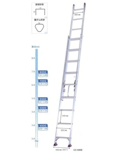 一度使用の中古品　アルインコ　2連ハシゴ　4.2m〜7.31m