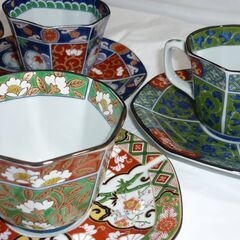 【有田焼】古伊万里　雅祥八角　絵替わりカップ＆ソーサー５客セットの画像