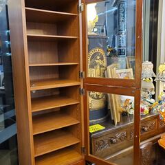 トールキャビネット ガラス扉2枚 引出し4段 可動式棚 ブラウン 木目