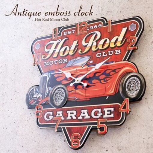 【壁掛時計】アンティークエンボス クロック Hot Rod Motor Club★