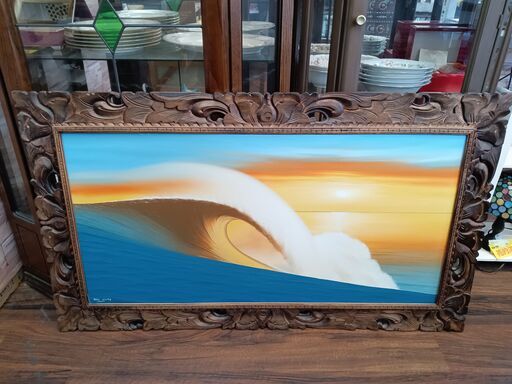 アジアンテイスト　ウッドフレーム　絵画　油絵　波　海　アジア　バリ　サイズ（約）幅120×奥3×高70　　■近隣配送無料 買取GO‼　栄和店
