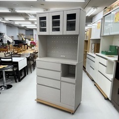 【超美品‼️】現行モデル♪ ロウヤ 90cm幅キッチンボード 食器棚 収納家具 ホワイトウォッシュ♪の画像