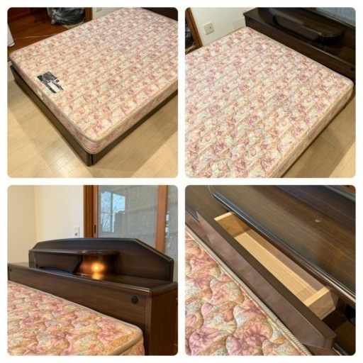 【超美品‼️】高級♪ フランスベッド ダブルベッド 照明&引き出し収納付き セット 木製ダークブラウン♪