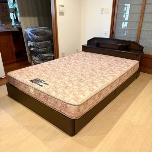 【超美品‼️】高級♪ フランスベッド ダブルベッド 照明&引き出し収納付き セット 木製ダークブラウン♪
