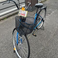 リサイクルショップどりーむ天保山店　No1090　自転車　ママチャリ　青色　２７インチ　カゴ付き　荷台付き　の画像
