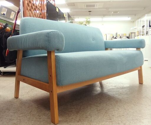 2人掛けソファ 幅130cm 水色系 ファブリック 木製フレーム 2Pソファ