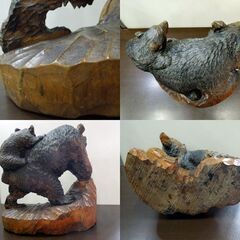 北海道名産 木彫りの熊 クマの置物 咆哮する親熊 小熊 シャケ 全長41cm 木製 伝統工芸 オブジェ 彫刻 札幌市東区 新道東店の画像