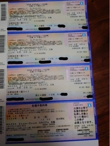 【価格相談可】マツダスタジアム　カープチケット　6月9日　外野ライト　vsロッテ　3枚連番