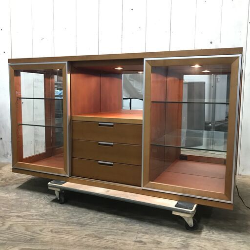 終 ガラスショーケース ローボード コレクションボード 収納 照明付き 木製 幅144 x 奥行42 x 高さ78cm 家具 インテリア 24d菊DO