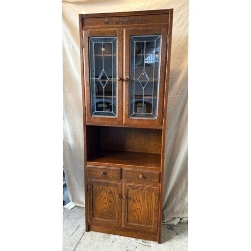 《売約済》【武蔵小山店】三越　ブルージュ　Brugge ガラスキャビネット　食器棚　棚　飾り棚　コレクションケース　本棚　書棚　クラシック　ビンテージ　オーク材　三越家具　ステンドグラス　カントリーハウス