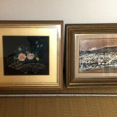 差し上げます　昭和レトロな油絵と石花2点セット　額の流用にもどうぞ