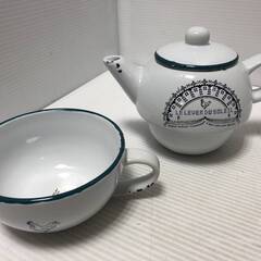 ▼【ホーロー風　ティーポット＆カップ　未使用品　紅茶　コーヒー　緑茶　ミルク】（NF240208）515-85-①Wの画像