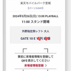 【日曜日で半額以下指定席2枚】楽天イーグルス vs 北海道日本ハ...