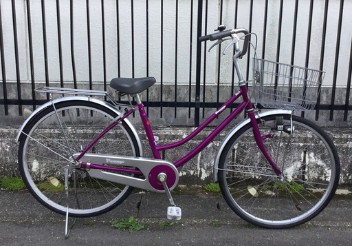 ＜整備済＞シティサイクル・26インチ自転車・変速なし・鍵付き・紫　後輪タイヤ新品・お掃除済みで綺麗です