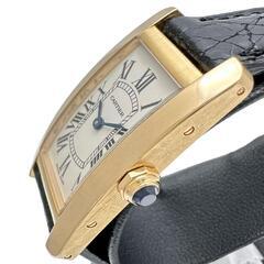 【CARTIER/カルティエ】 タンクアメリカンSM  W2601556 腕時計 K18YGイエローゴールド/レザー クオーツ 白文字盤/黒革ベルト（社外製）/ 尾錠純正 レディース【中古】【真子質店】【BL】【MaYxx】の画像