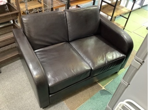 【リサイクルサービス八光】幅118cm　ブラック　革製　2人掛けソファ