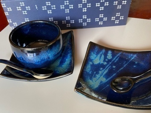 小石原焼き 秀山窯 青 コップ スプーン お皿