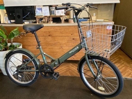 【チェーン新品！】6段変速　20インチカゴ付き折りたたみ自転車　モスグリーン