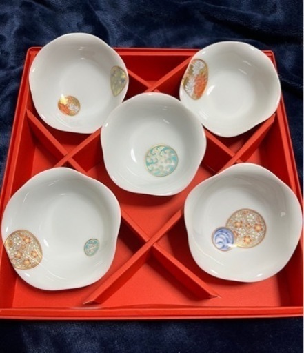 深川製磁　小皿揃　5枚組　寿赤絵