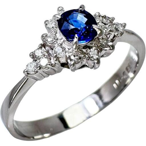 16号 サファイア 0.33ct ダイヤモンド 0.11ct リング・指輪 Pt900プラチナ 3.4g レディース【中古】【真子質店】【NN】【IMiK】