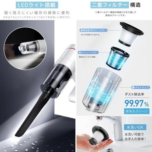 新品未使用 超軽量16000Pa強力吸引【LEDコードレスクリーナー】掃除機 乾湿両用 ハンディ③