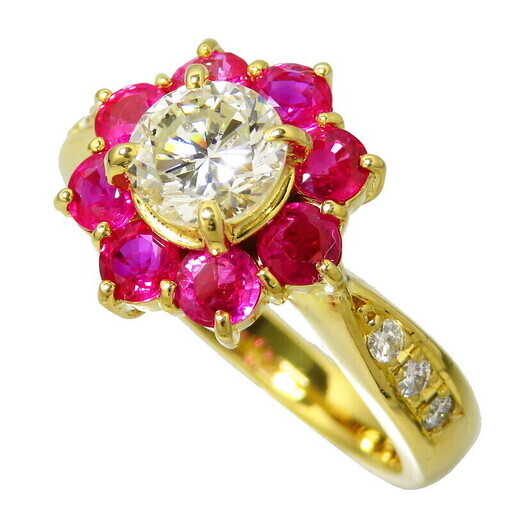 13号 フラワー 中央ダイヤモンド(推定K-SIクラス) 0.82ct ルビー 計1.25ct ダイヤモンド 計0.10ct リング・指輪 K18ゴールド 18金 6.1g レディース【中古】【真子質店】【NN】【IIMoMo】