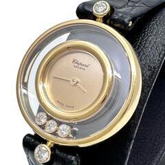 【Chopard/ショパール】 ハッピーダイヤモンド3PD+2PD 20/4802 正規店オーバーホール済 腕時計 K18YGイエローゴールド クオーツ ゴールド文字盤/黒革ベルト レディース【中古】【真子質店】【GD】【IYMox】