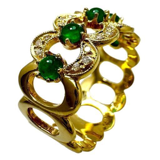 13号 カボションエメラルド 計0.60ct ダイヤモンド 計0.13ct リング・指輪 K18ゴールド 18金 4.2g レディース【中古】【真子質店】【NN】【MaTx】