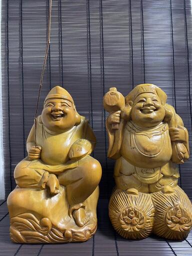 恵比寿 大黒天』置物 木彫り 木造り 骨董品 高さ30cm