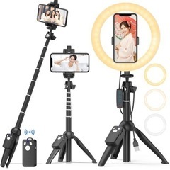 ほぼ未使用 【多機能 3in1 LEDリングライト 自撮り棒 スマホ三脚】 外径8in Bluetoothリモコン付き 3色モード 10段階輝度調節 長さ7段階伸縮 360°回転 撮影照明用ライト 卓上ライト 美容化粧 YouTube生放送 ビデオカメラ撮影用 自撮りの画像