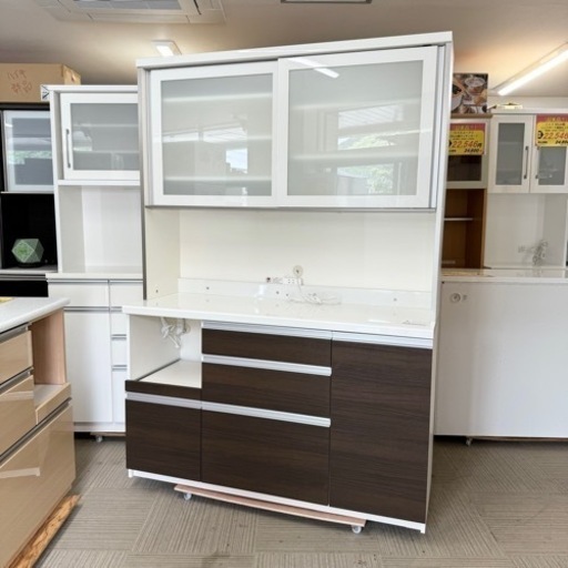 【超美品‼️】高級♪ パモウナ 140cm幅キッチンボード 食器棚 収納家具 木目調ダークブラウン♪