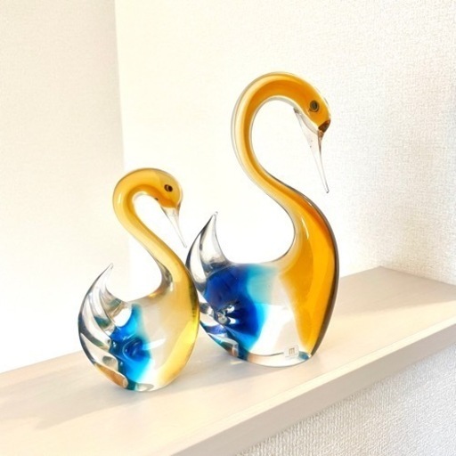 レトロ マルティグラス ガラス スワン親子 ペア 鳥 置物 伝統工芸  白鳥