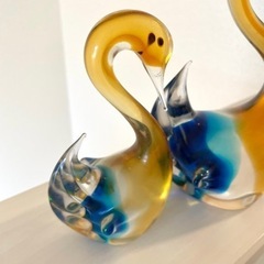 レトロ マルティグラス ガラス スワン親子 ペア 鳥 置物 伝統工芸  白鳥 の画像