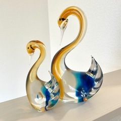 レトロ マルティグラス ガラス スワン親子 ペア 鳥 置物 伝統工芸  白鳥 の画像