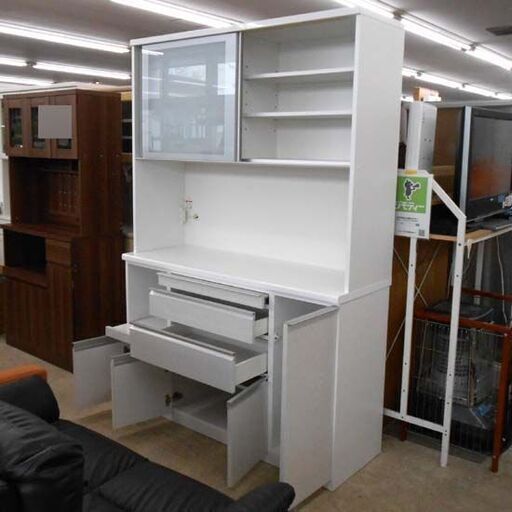 レンジボード 松田家具 幅140cm 大型 大容量 スモーク ホワイト エナメル 鏡面 キッチンボード ソフトクローズ 引き戸 札幌 