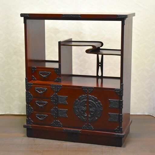 【ヤ取12/15終了】≪zyt1444ジ≫ 遠野民芸家具 茶箪笥/違い棚 鶴 和箪笥/飾棚/茶棚/違棚/寿/吉祥文様/縁起物/和家具/和風/岩手/南部 60405-13+