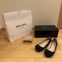 美品 PRADA  メタルロゴリボン フラットシューズ24.5cm