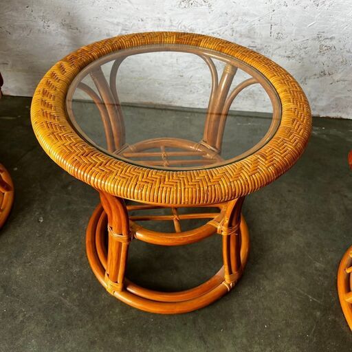 昭和レトロ ヴィンテージ ラタン家具 ラウンドテーブル アームチェア 2