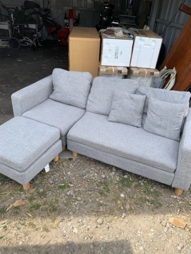 布製 三人掛けソファー オットマン付き グレー 節約