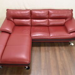 【ヤ取終了1/9】≪yt1250ジ≫ ニトリ/nitori 3人掛けカウチソファ L字ソファ 幅約240cm 本革+合成皮革 赤黒 RD/BK ロゾ4？ 三人掛け コーナーソファ 60421-01の画像
