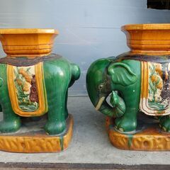 象 陶器  飾り台 花台 置物 フラワースタンド アジアン アンティーク インテリア オブジェ 【２体セット】の画像