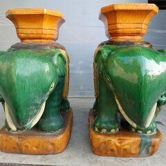 象 陶器  飾り台 花台 置物 フラワースタンド アジアン アンティーク インテリア オブジェ 【２体セット】の画像