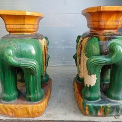 象 陶器  飾り台 花台 置物 フラワースタンド アジアン アンティーク インテリア オブジェ 【２体セット】の画像