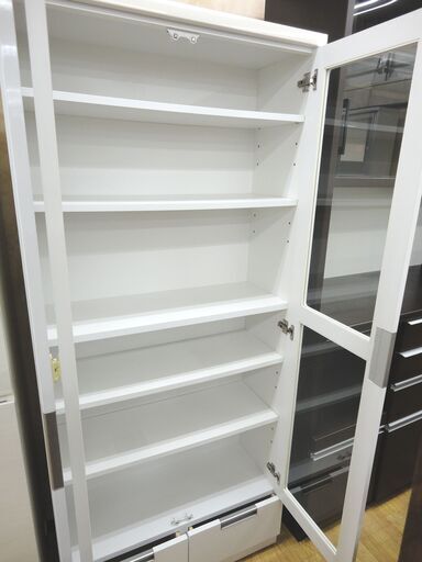 食器棚 高さ180×幅78.5×奥行32.5㎝ ガラス扉 引き出し付き ホワイト エナメル調 カップボード 西岡店